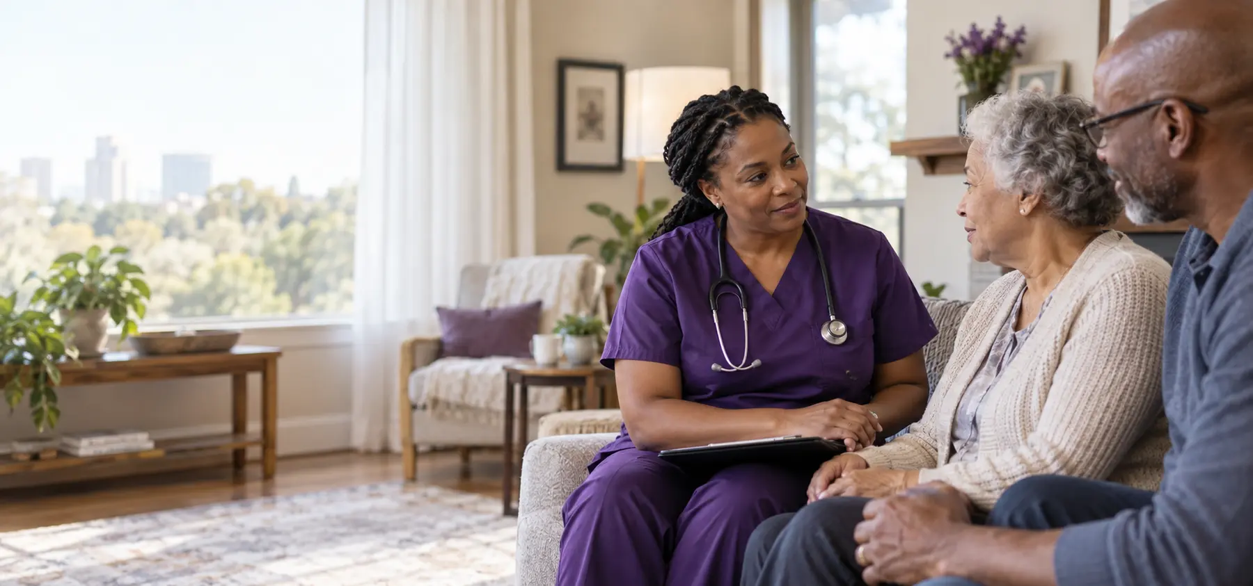 A home care nurse talking with a patient and family member