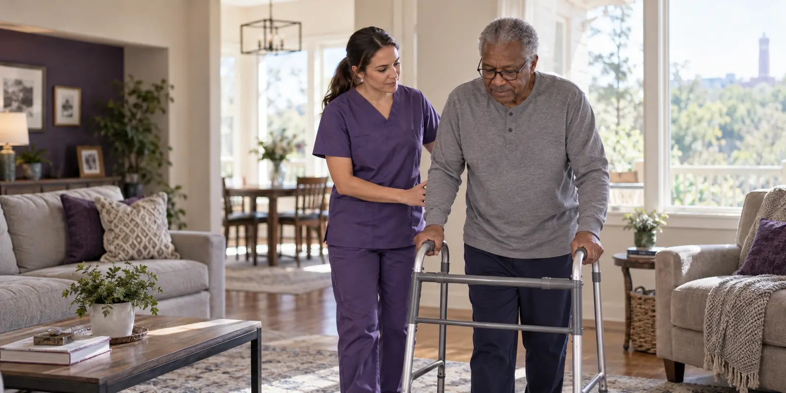A home health therapist helping an older adult walk safely