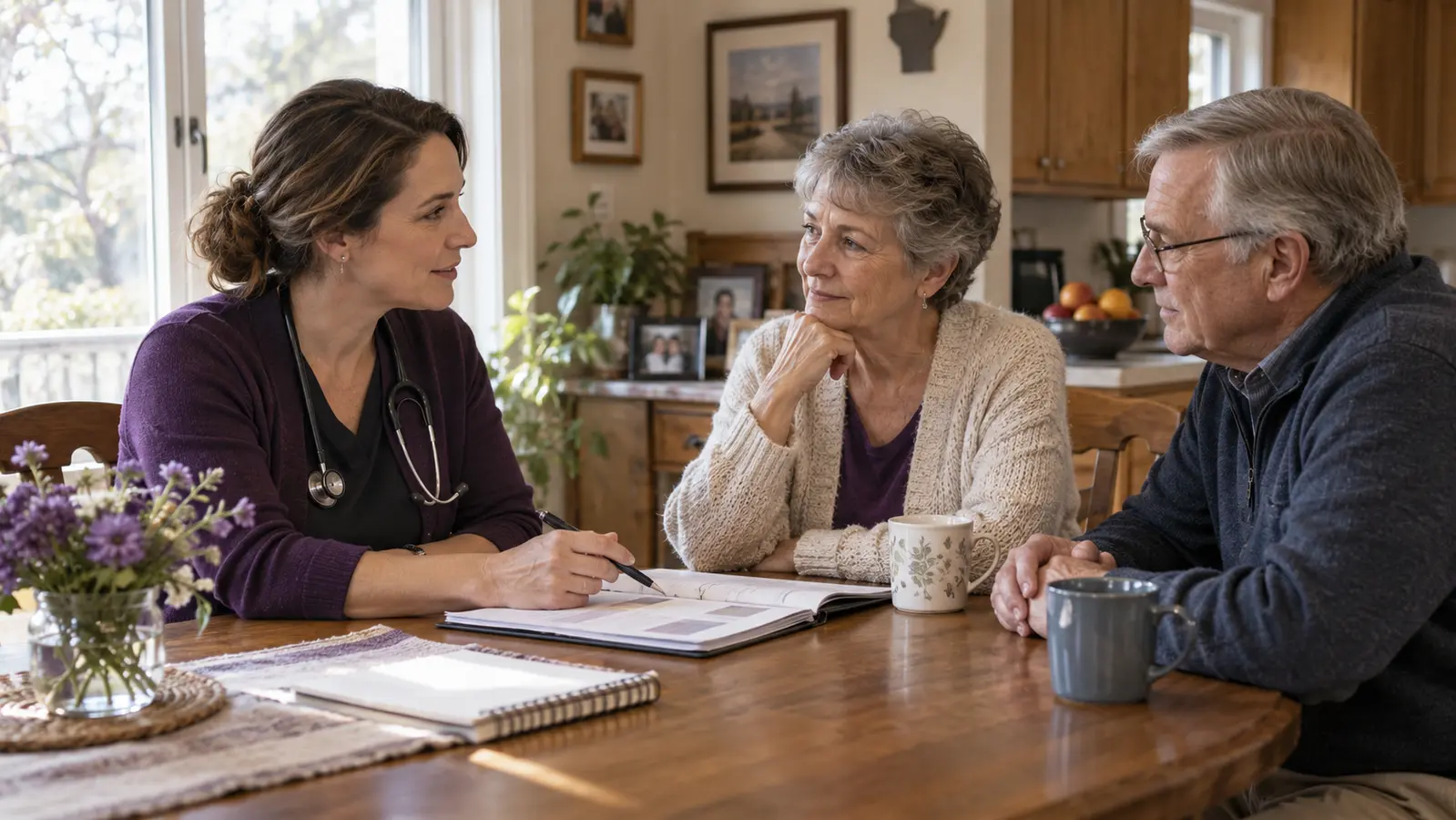 A palliative care clinician discussing a care plan with an older couple at home